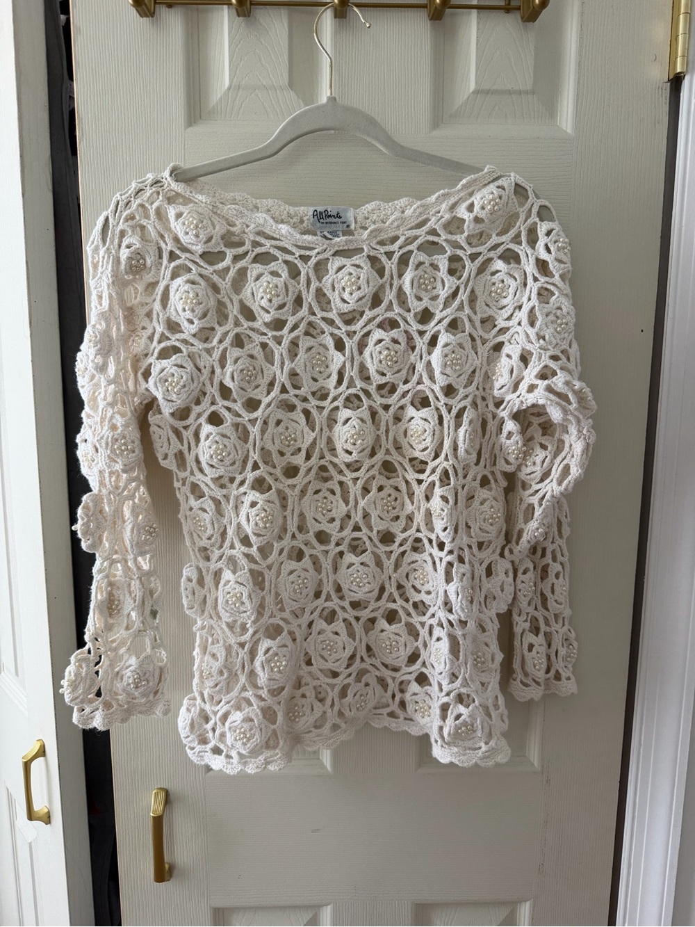Vintage Crochet Floral Motif Openwork Boat NeckTop - Cream